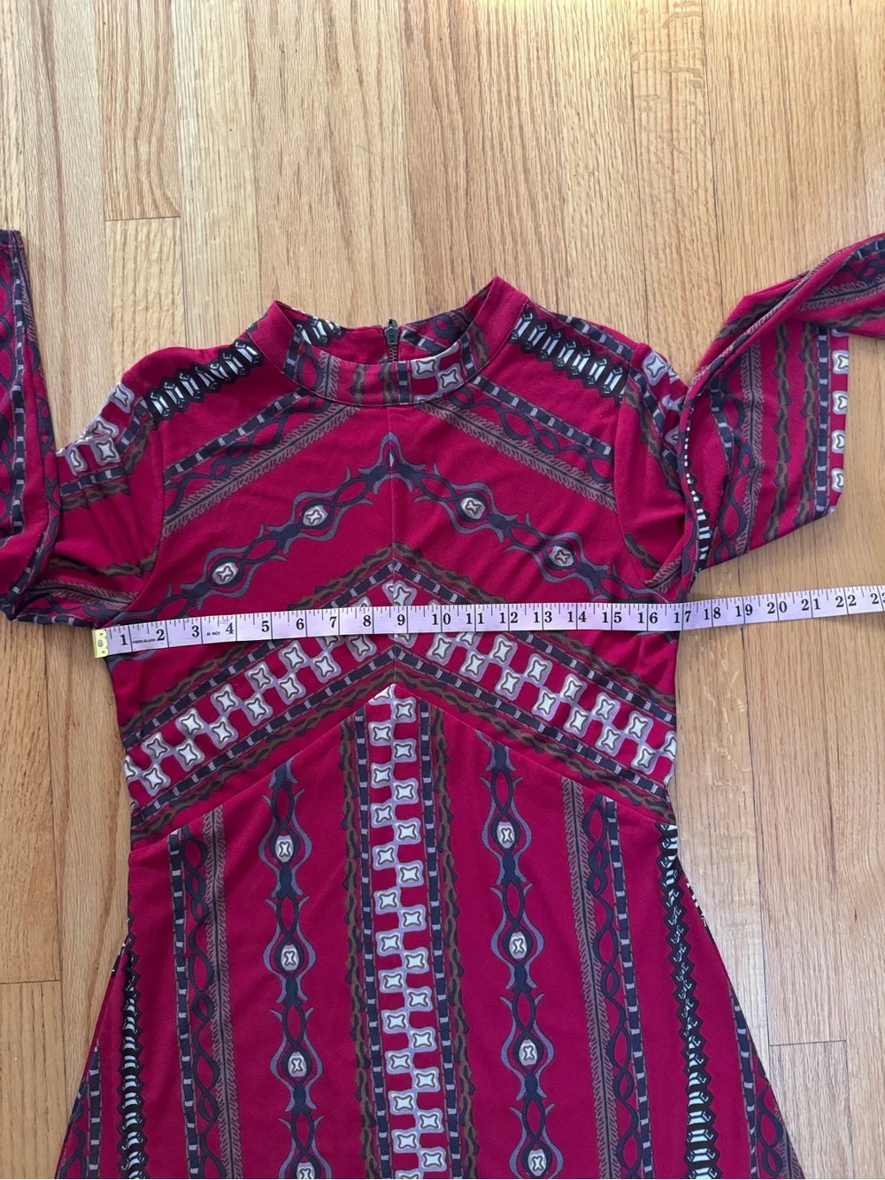 Free People Stella Long Sleeve Mini Dress Red Geo Print Retro 70s Boho M